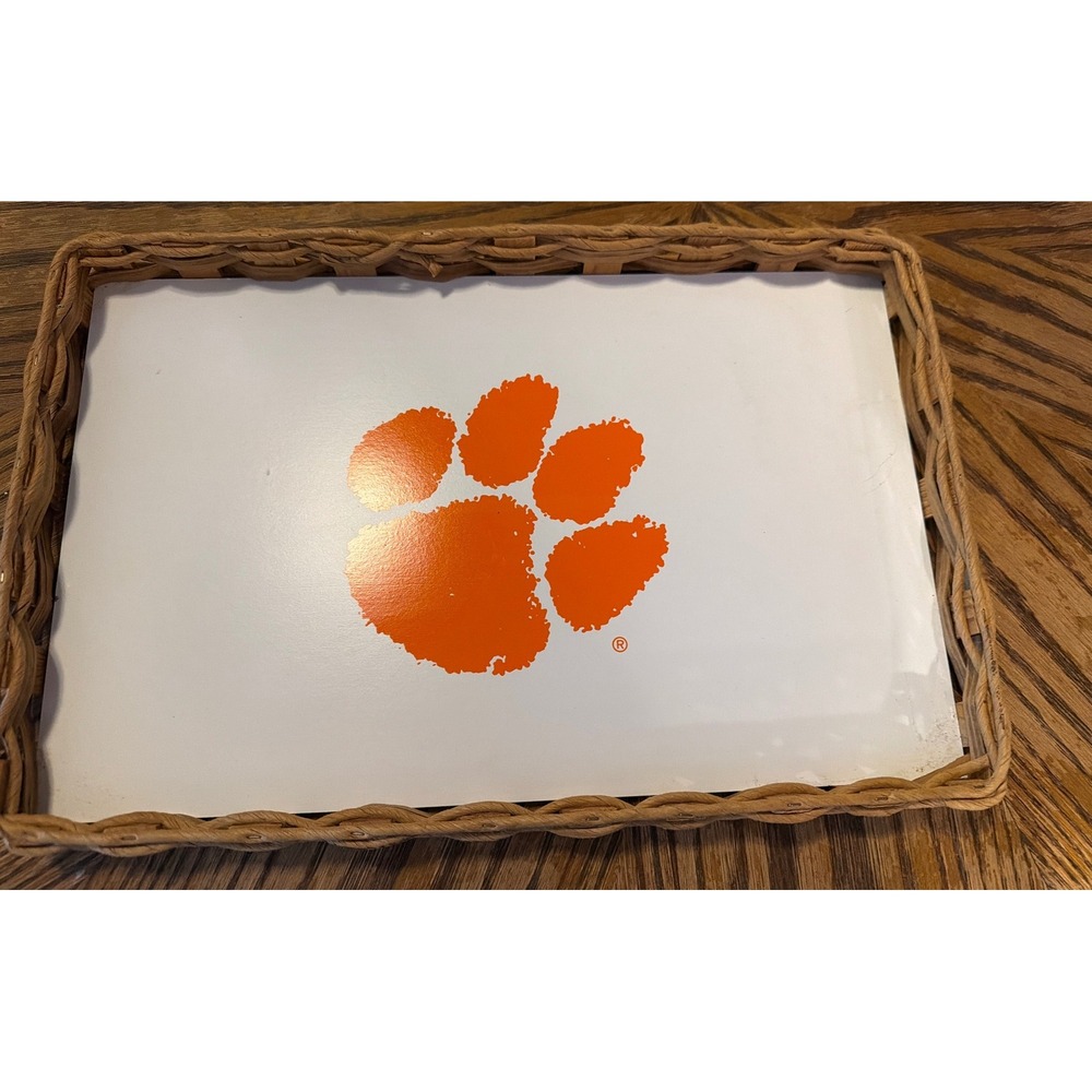 Clemson Tigers NCAA Woven Wicker Rim Serving Tray Orange Tiger Paw Logo White
